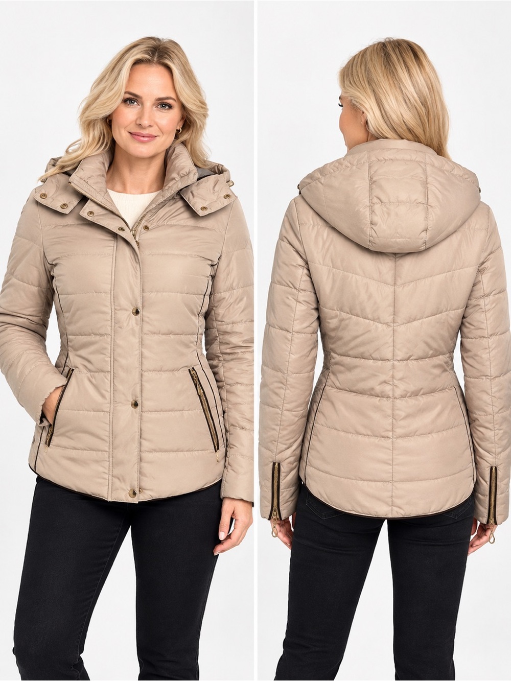 NWT WOMEN’S‎ QUILTED PUFFER ZIPPED HOODED LINED JACKET IN BEIGE
